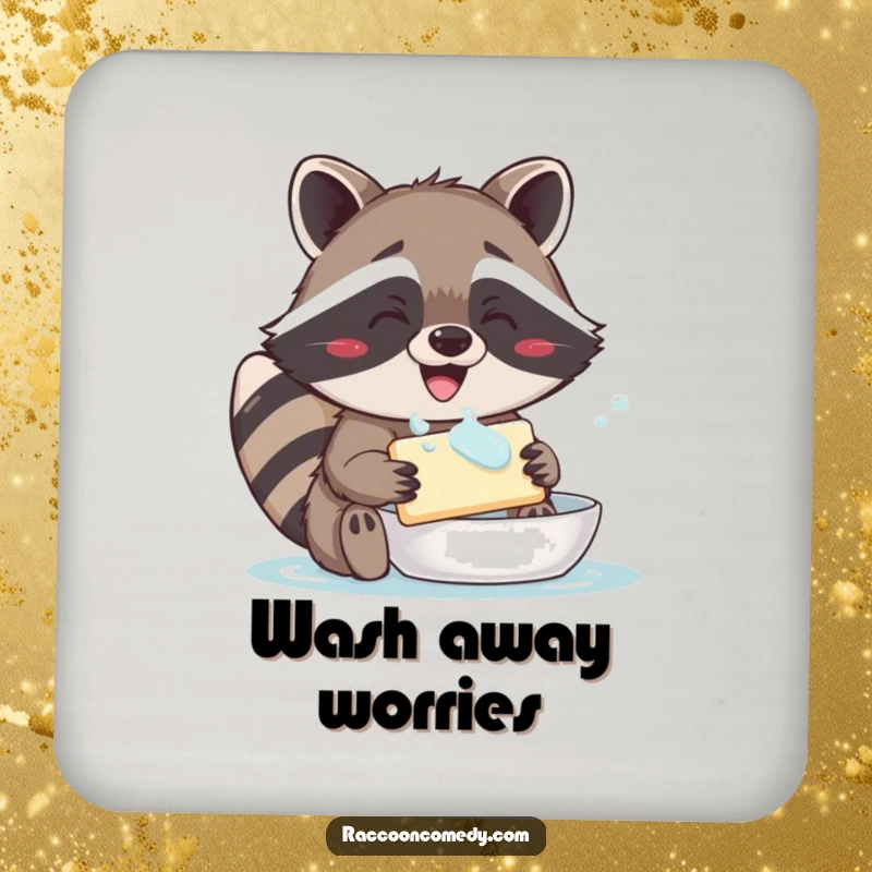 Funny drink coaster with a happy raccoon, wide delighted grin, washing a bar of soap.