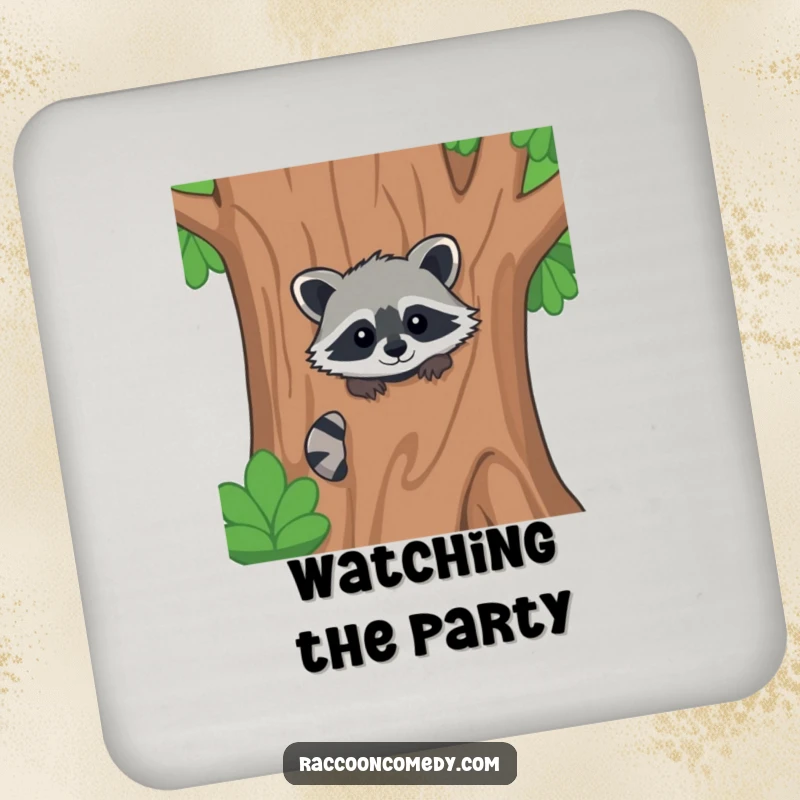 Funny kawaii raccoon drink coaster, peeking from behind a stylized tree, protecting your surfaces with woodland charm.
