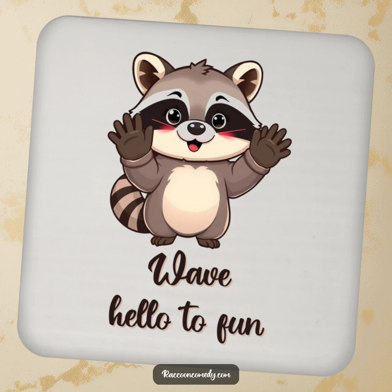 Funny kawaii raccoon waving goodbye on a set of drink coasters, adding a cute and protective element to any table.