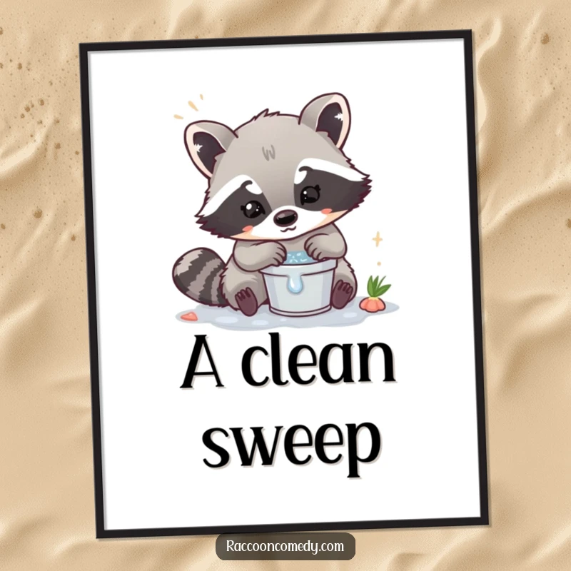 Funny Kawaii Raccoon Poster: Charming illustration of a raccoon washing items in a miniature bucket.