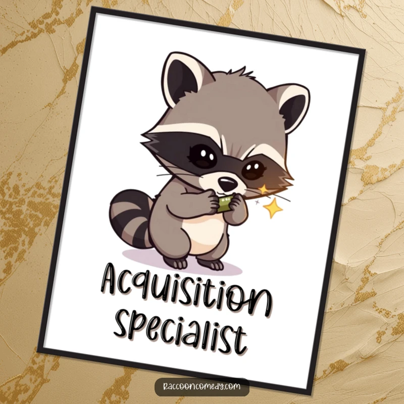 Funny poster art of a masked raccoon thief stealthily stealing a shiny object, capturing a moment of humorous, audacious pilfering.