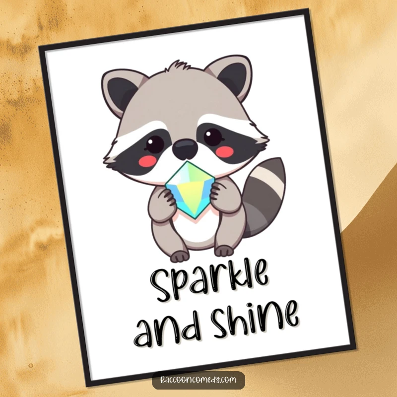 Funny poster art of a very cute, kawaii raccoon character smiling and holding out a shimmering, precious gemstone.