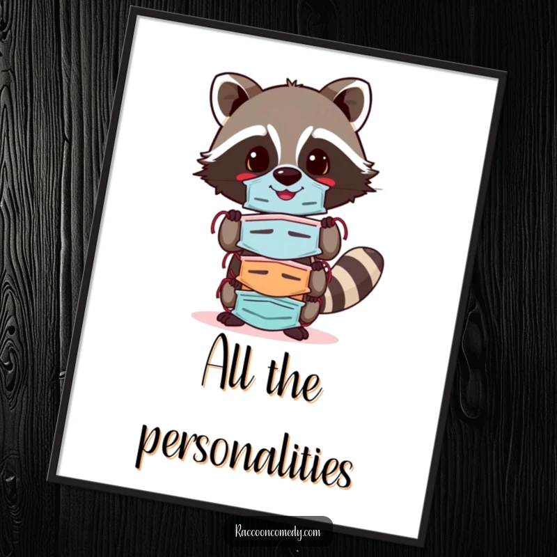 Funny raccoon poster featuring a cheerful raccoon balancing a stack of colorful masks, symbolizing adaptability, joy, and playful expression.
