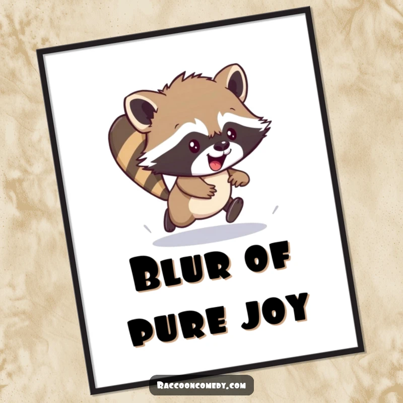Funny poster art of an energetic raccoon cub doing a clumsy scamper, full of excitement and cartoonish charm.