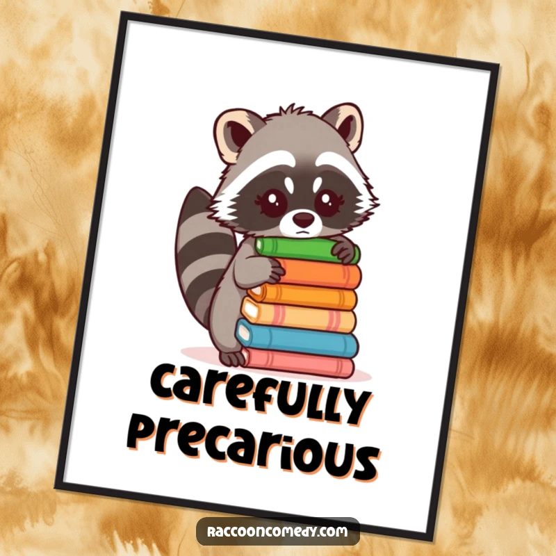 Funny poster showcasing a small raccoon struggling to balance a tall, unstable stack of various items with a comical expression.
