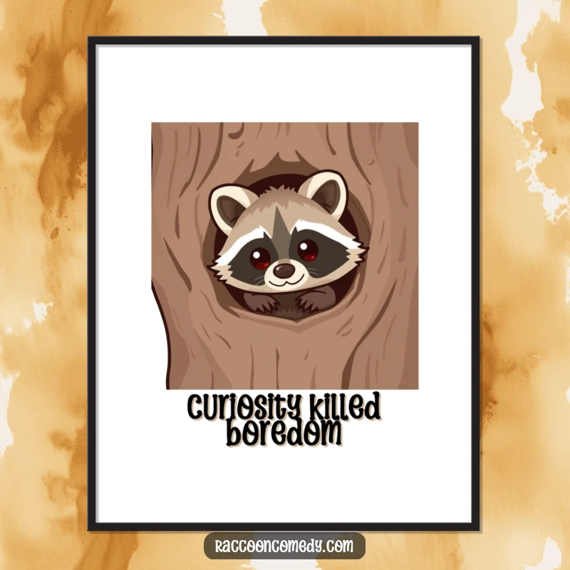 Funny Kawaii Raccoon Poster: Charming illustration of a curious raccoon peeking from a tree hollow.