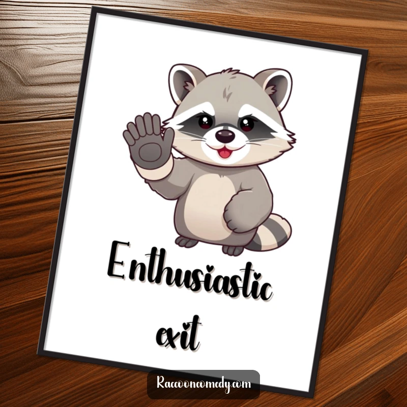 Funny kawaii raccoon in oversized gloves, enthusiastically waving goodbye on a cute and humorous poster for wall decor.