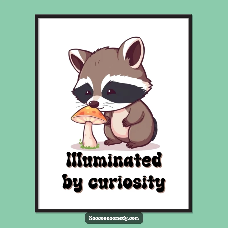 Funny Curious Raccoon Mushroom Poster - Enchanting Woodland Wonder Wall Art Gift