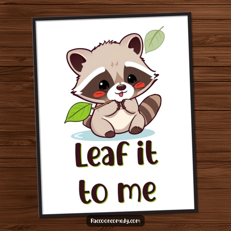 Funny kawaii raccoon playfully batting at a floating leaf, presented as vibrant wall art for a cheerful atmosphere.