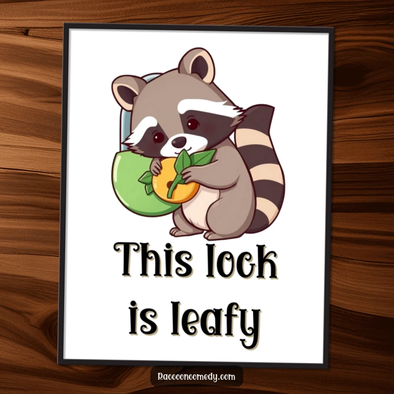 Funny kawaii raccoon attempting to solve a lock puzzle with a leaf, a whimsical poster for art lovers.
