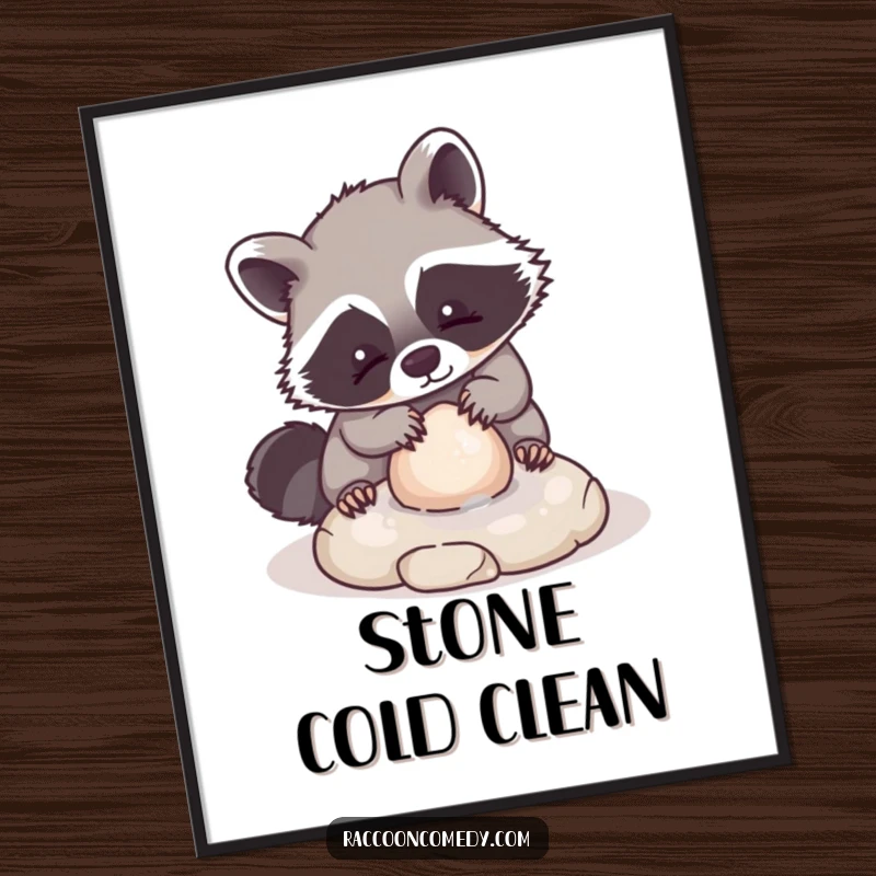 Funny poster featuring a kawaii raccoon character playfully scrubbing a small, round stone with intense concentration, creating a charming and heartwarming wall decoration.