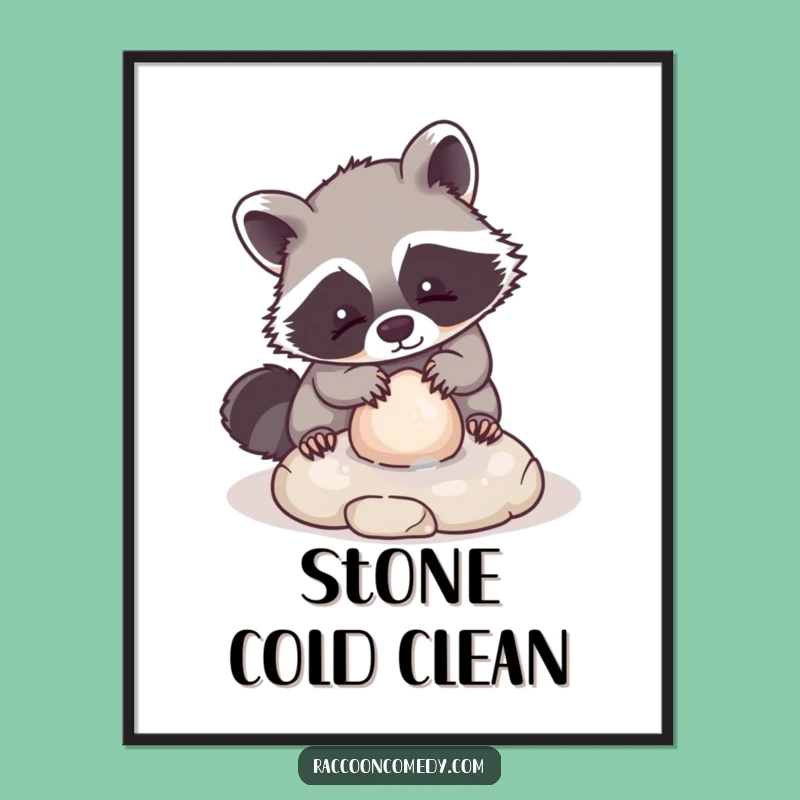 Funny Kawaii Raccoon Poster: Adorable Animal Washing Stone Playful Charm Wall Art Gift