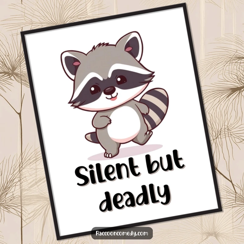 Funny kawaii raccoon poster, captured in exaggerated stealth mode, tiptoeing with a wide, joyful smile.