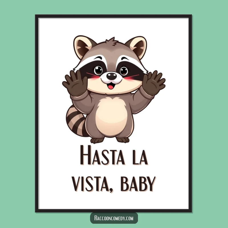 Funny Kawaii Raccoon Waving Poster - Adorable Art for Your Walls!
