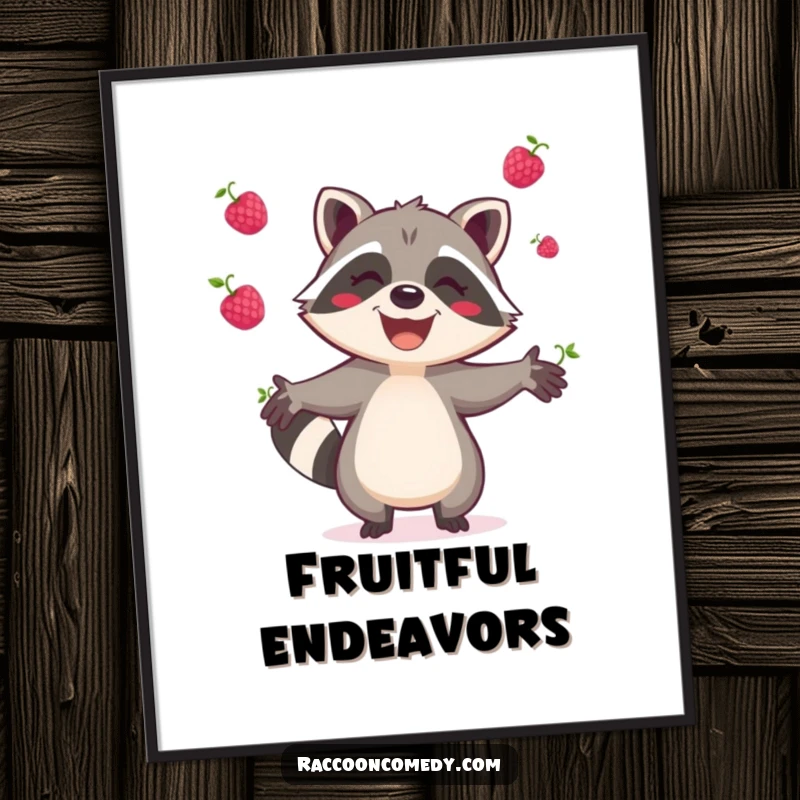 Funny raccoon poster, vibrant woodland illustration of a joyful raccoon gleefully juggling berries, cheerful wall art for happy homes.