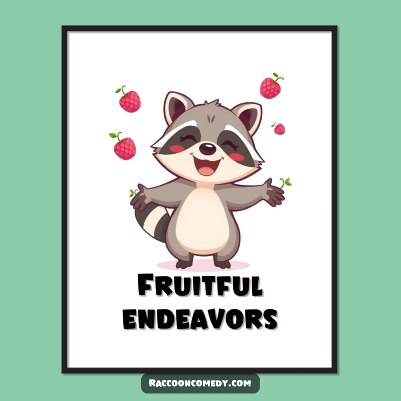 Funny Raccoon Berry Juggler Poster: Vibrant Woodland Art for a Cheerful Space