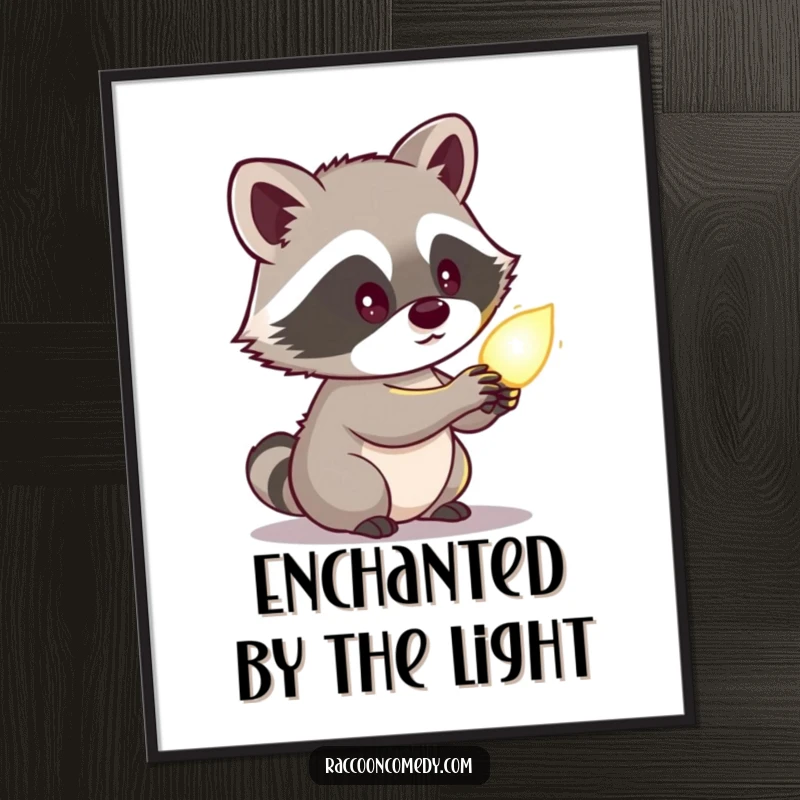 Funny raccoon poster featuring a cute character looking curiously at a glowing object, creating a mysterious and artistic wall display.