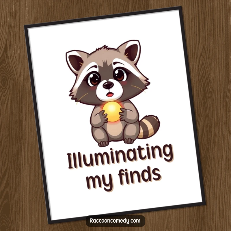 Funny raccoon poster illustrating a surprised creature holding a small, glowing orb, evoking a sense of magical discovery, excellent wall decor.