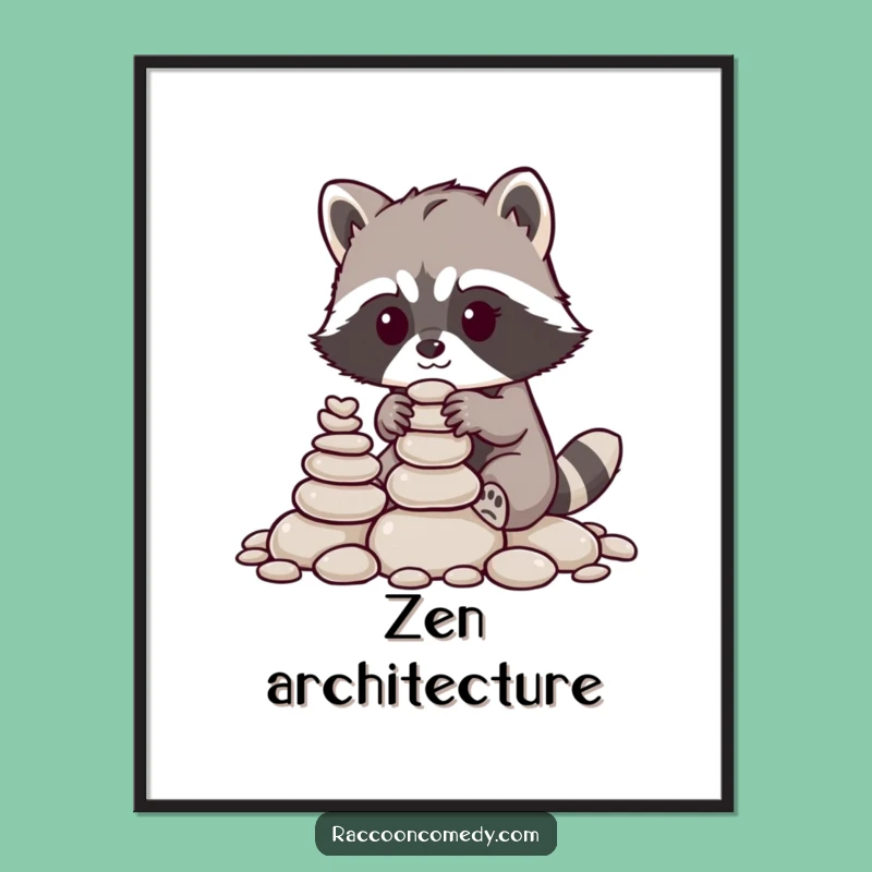 Funny Raccoon Pebble Stacker Poster: Artistic Woodland Decor for a Happy Space