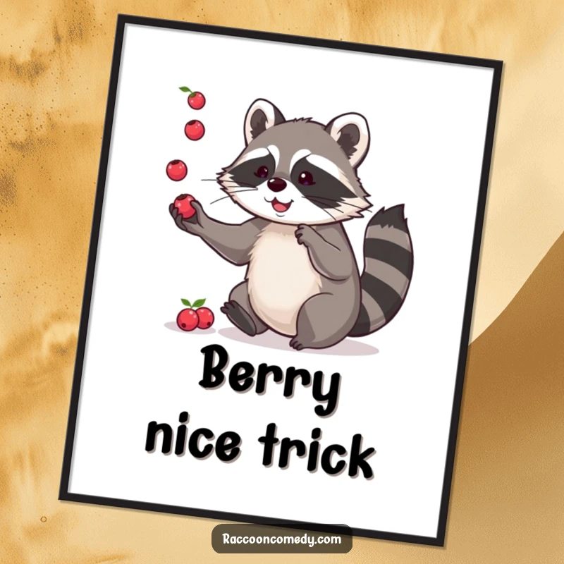 Funny poster art of a playful raccoon with nimble paws juggling tiny berries, highlighting skill, entertainment, and lighthearted humor.