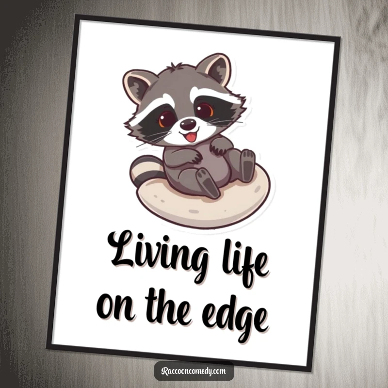 Funny raccoon poster showcasing a gleeful raccoon in mid-slide down a smooth surface, embodying pure, hilarious fun.