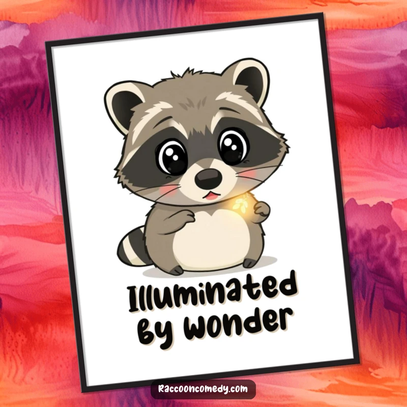 Funny raccoon poster capturing a surprised raccoon with wide eyes, mesmerized by a tiny, glowing firefly, evoking a sense of wonder and enchantment.