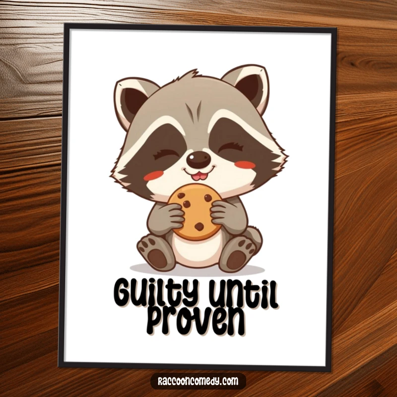 Funny Raccoon Poster: A giggling raccoon with a grin attempts to sneakily steal a cookie.