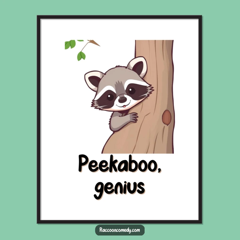 Funny Raccoon Peeking Tree Poster: Charming Woodland Art for a Happy Home
