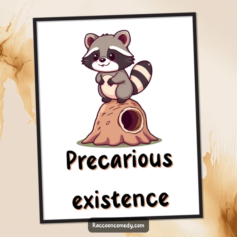 Funny kawaii raccoon happily balancing on a hollow log, creating a humorous and cute poster for wall decoration.