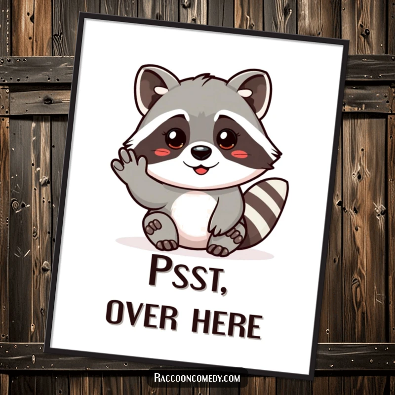 Funny poster art of a friendly raccoon making a gentle beckoning gesture, inviting viewers to join the fun.