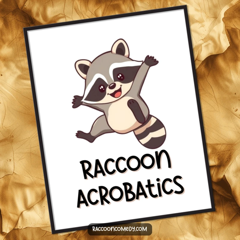 Funny poster art of a smiling raccoon captured mid-flip, performing a nimble acrobatic move with great energy.