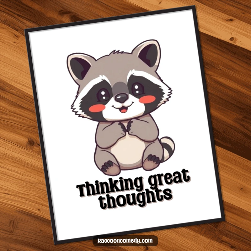 Funny raccoon poster featuring a cute raccoon clutching its paws together with an expression of pure, unadulterated delight.