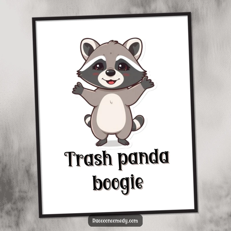 Funny poster art of a happy raccoon performing a lively dance with its paws joyfully extended upwards.