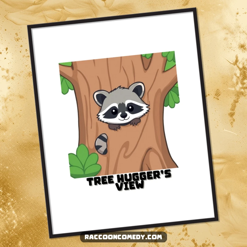 Funny kawaii raccoon poster, peeking shyly but happily from behind a large, stylized tree.