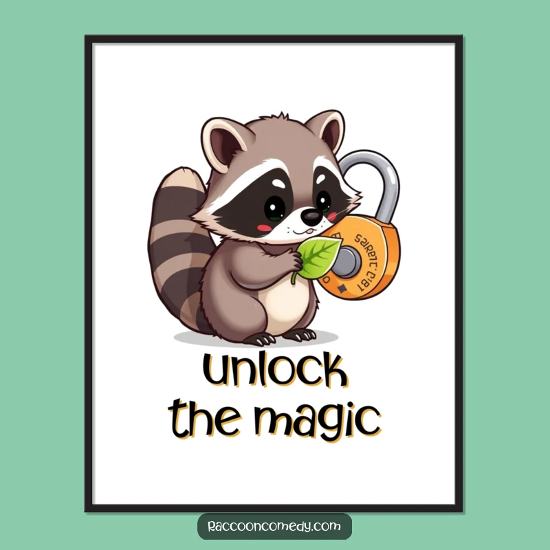 Funny Kawaii Raccoon Leaf Lock Poster: Whimsical Wall Art for Nature Lovers and Dreamers