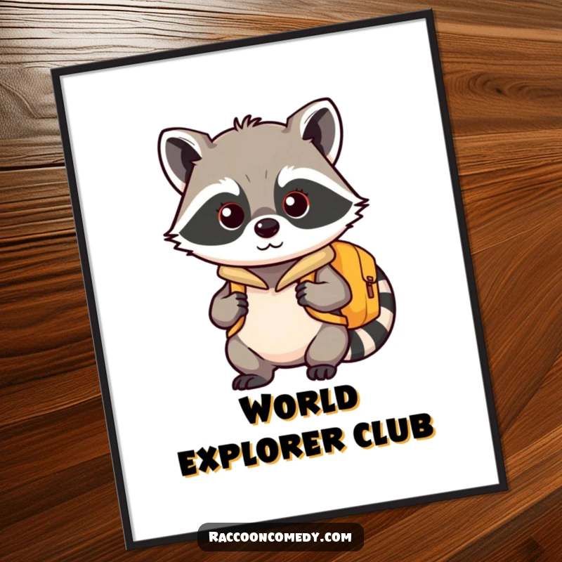 Funny kawaii raccoon poster, wearing a miniature backpack, poised and eager for an epic adventure.