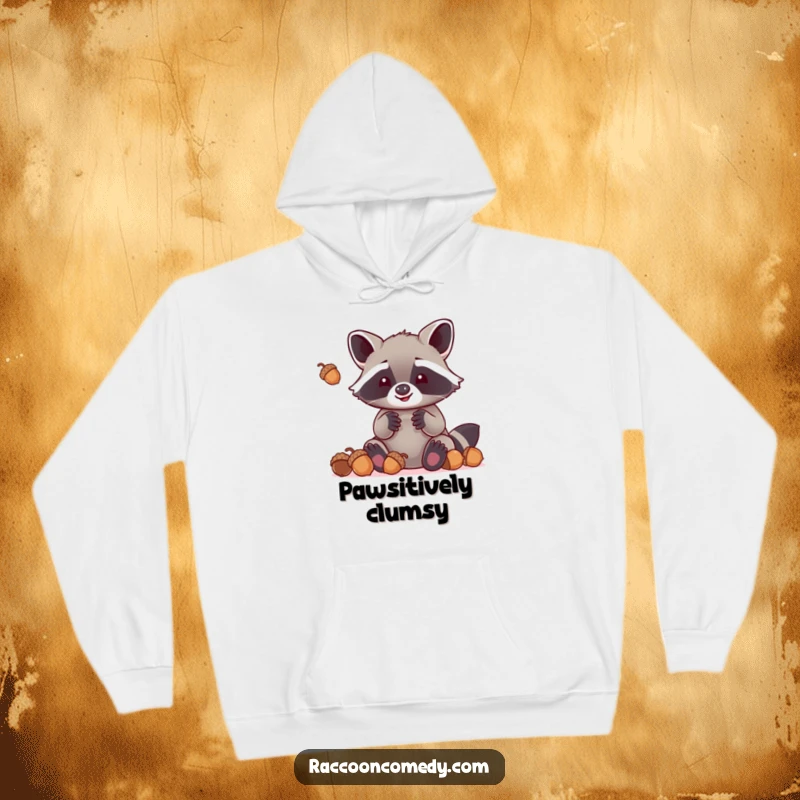 Funny kawaii raccoon with comically large paws attempting to juggle acorns, featured on a warm, comfortable hoodie for ultimate coziness.