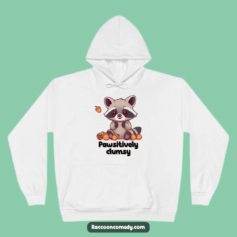 Cozy Funny Kawaii Raccoon Hoodie: Oversized Paws Juggling Acorns for Ultimate Comfort