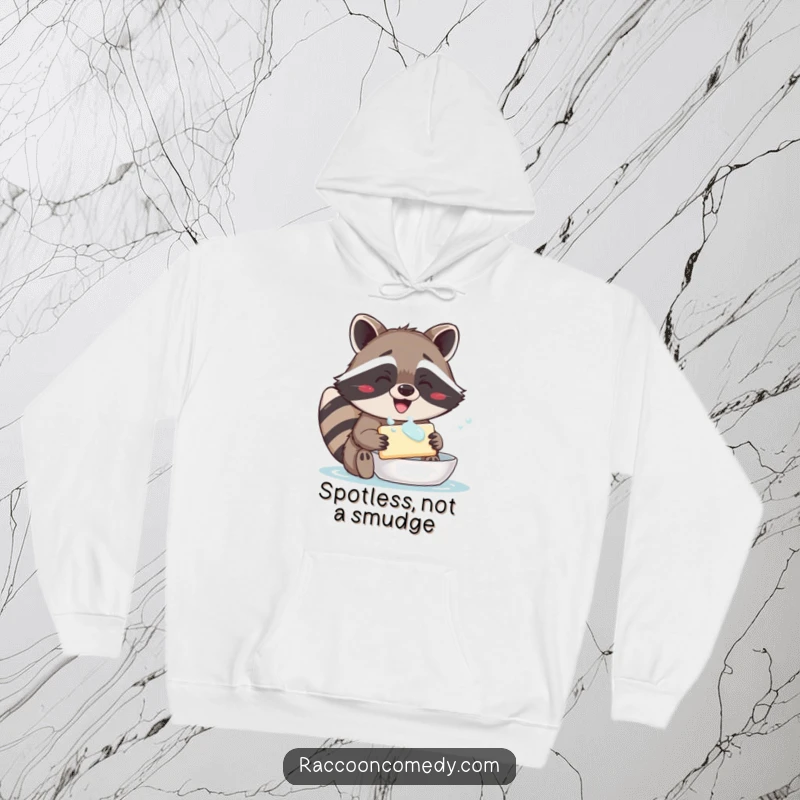 Funny hoodie featuring an ecstatic raccoon gleefully washing a bar of soap, radiating pure, bubbly happiness.
