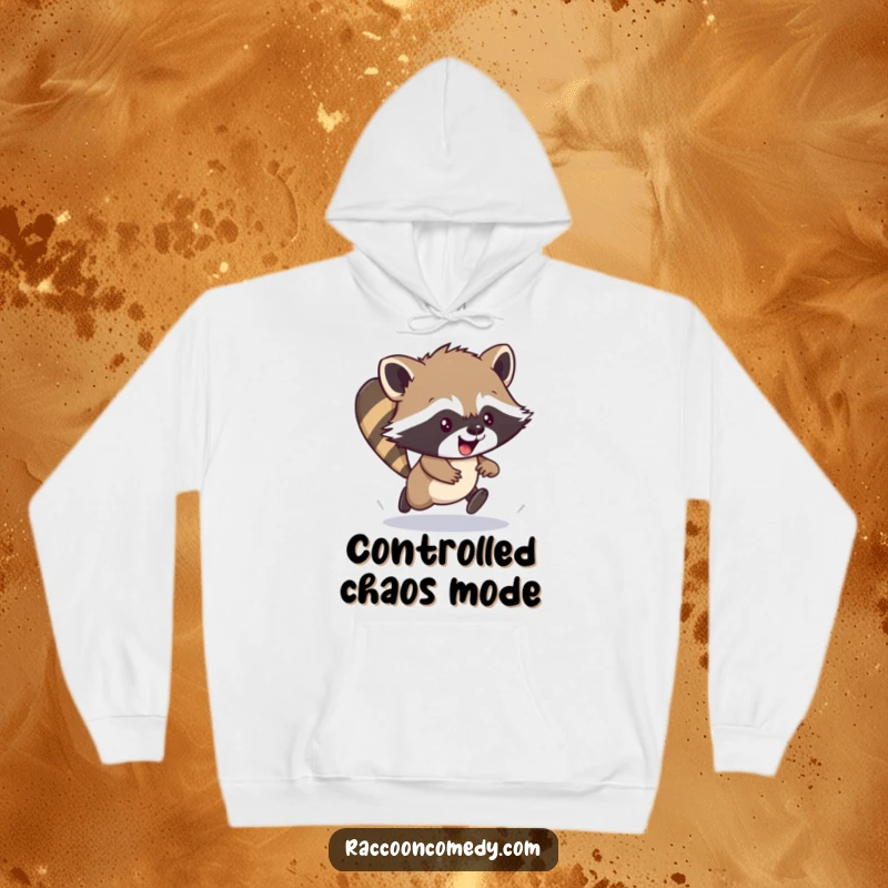 Funny hoodie depicting an energetic raccoon cub in a comical, clumsy scamper, perfect for expressing excitement and warmth.