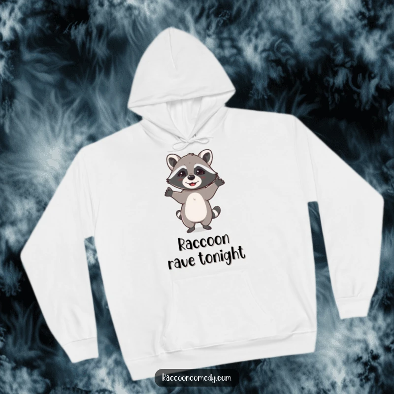 Funny hoodie designed with a happy raccoon caught mid-dance, paws up in a moment of pure, funny delight.