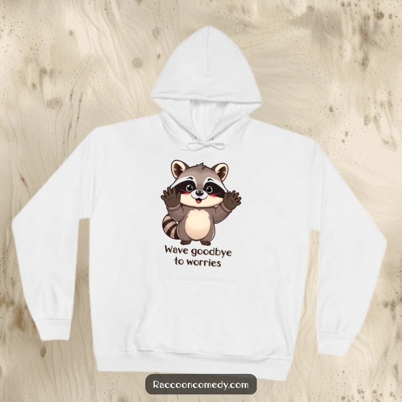 Funny kawaii raccoon enthusiastically waving goodbye from a soft, cozy hoodie, radiating warmth and playful charm.