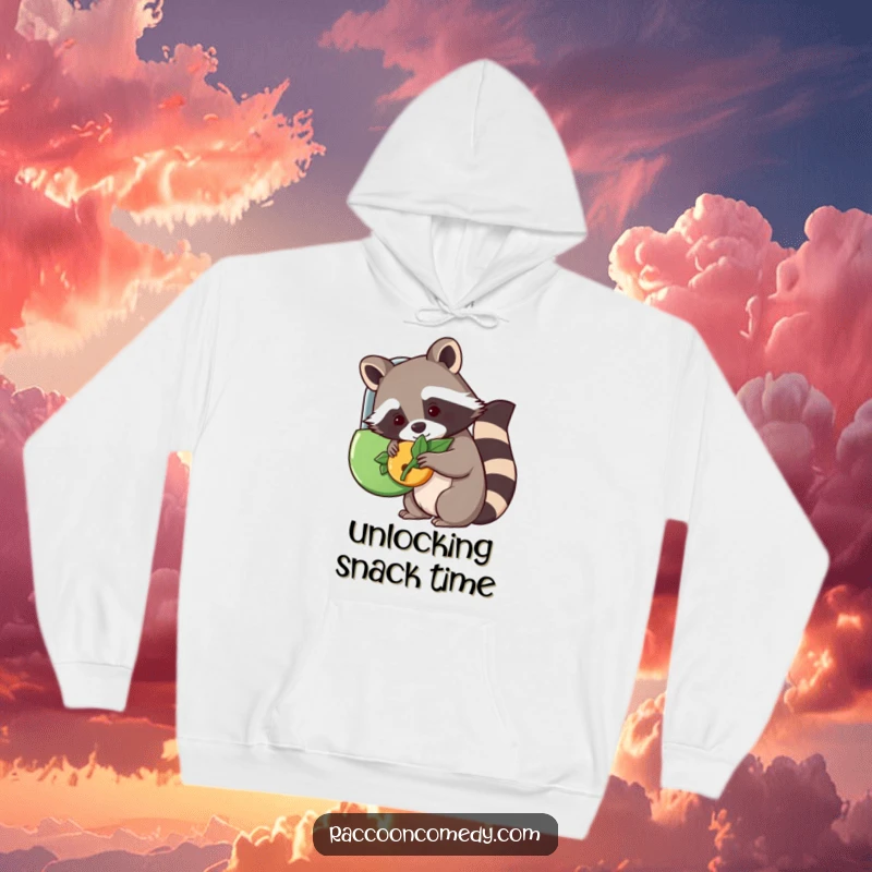 Funny kawaii raccoon attempting to unlock a whimsical lock with a leaf, featured on a soft hoodie for cozy adventures.