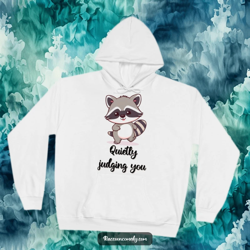 Funny kawaii raccoon hoodie, embracing exaggerated stealth with a sly smile, perfect for cozy undercover operations.