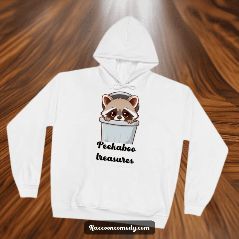 Funny Raccoon Hoodie: A kawaii raccoon with wide eyes peeking from a trash can, embodying adorable curiosity and cozy fun.