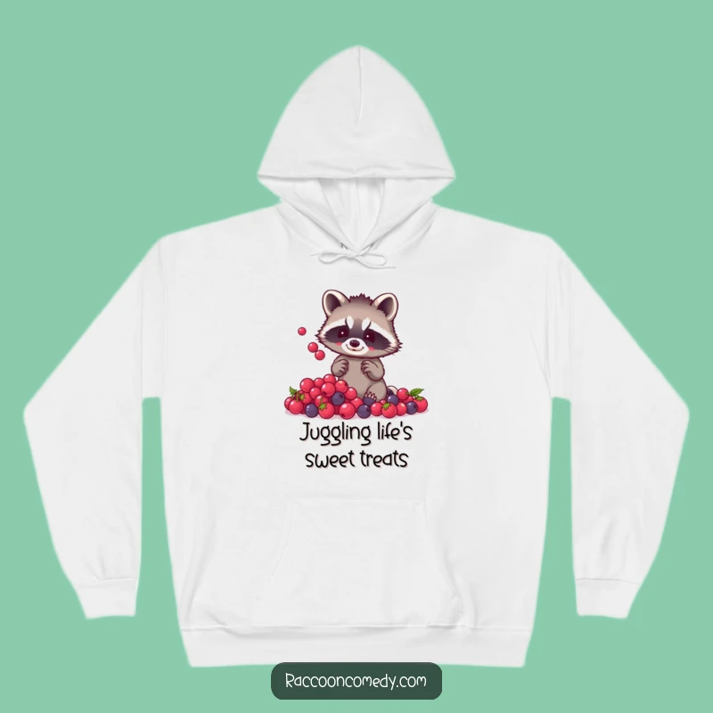 Cozy Funny Raccoon Berry Juggling Hoodie: Stay Warm While Admiring Nimble Paws