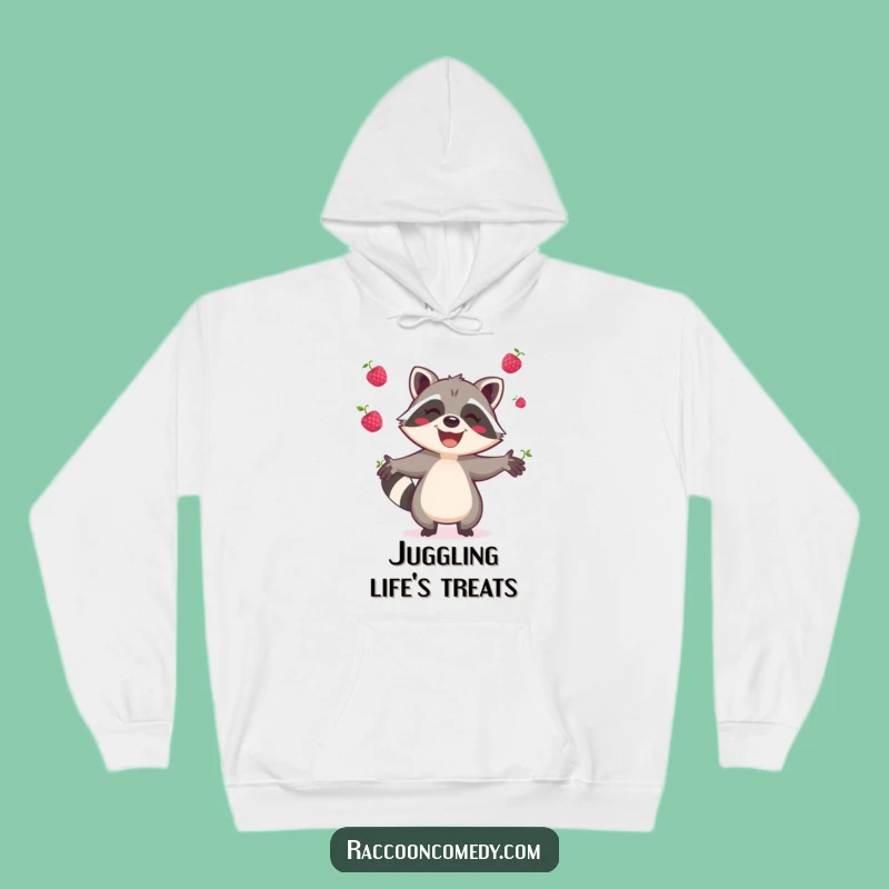 Cozy Funny Raccoon Berry Juggler Hoodie: Warm Comfort, Bursting with Joy