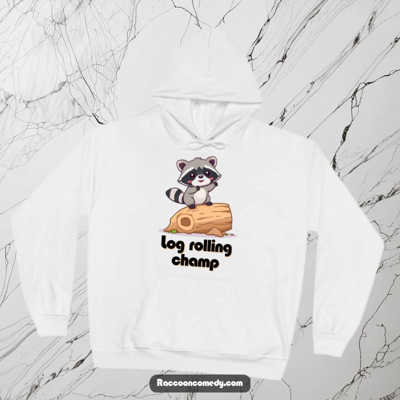 Funny Raccoon Hoodie: A kawaii raccoon happily wobbling while balancing on a hollow log, embodying cute instability and cozy fun.