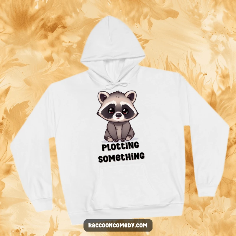 Funny kawaii raccoon with a curious head tilt, listening intently, featured on a cozy hoodie, perfect for quiet observation.