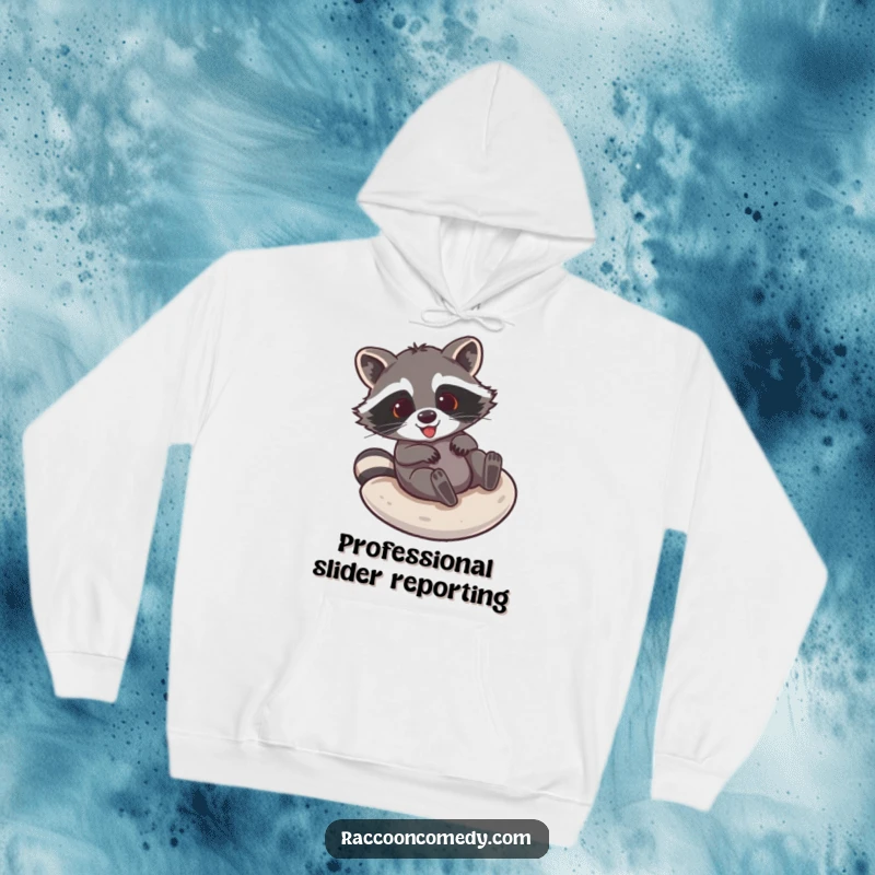 Funny raccoon hoodie showing a happy raccoon enjoying a thrilling slide down a smooth, rounded surface with great glee.